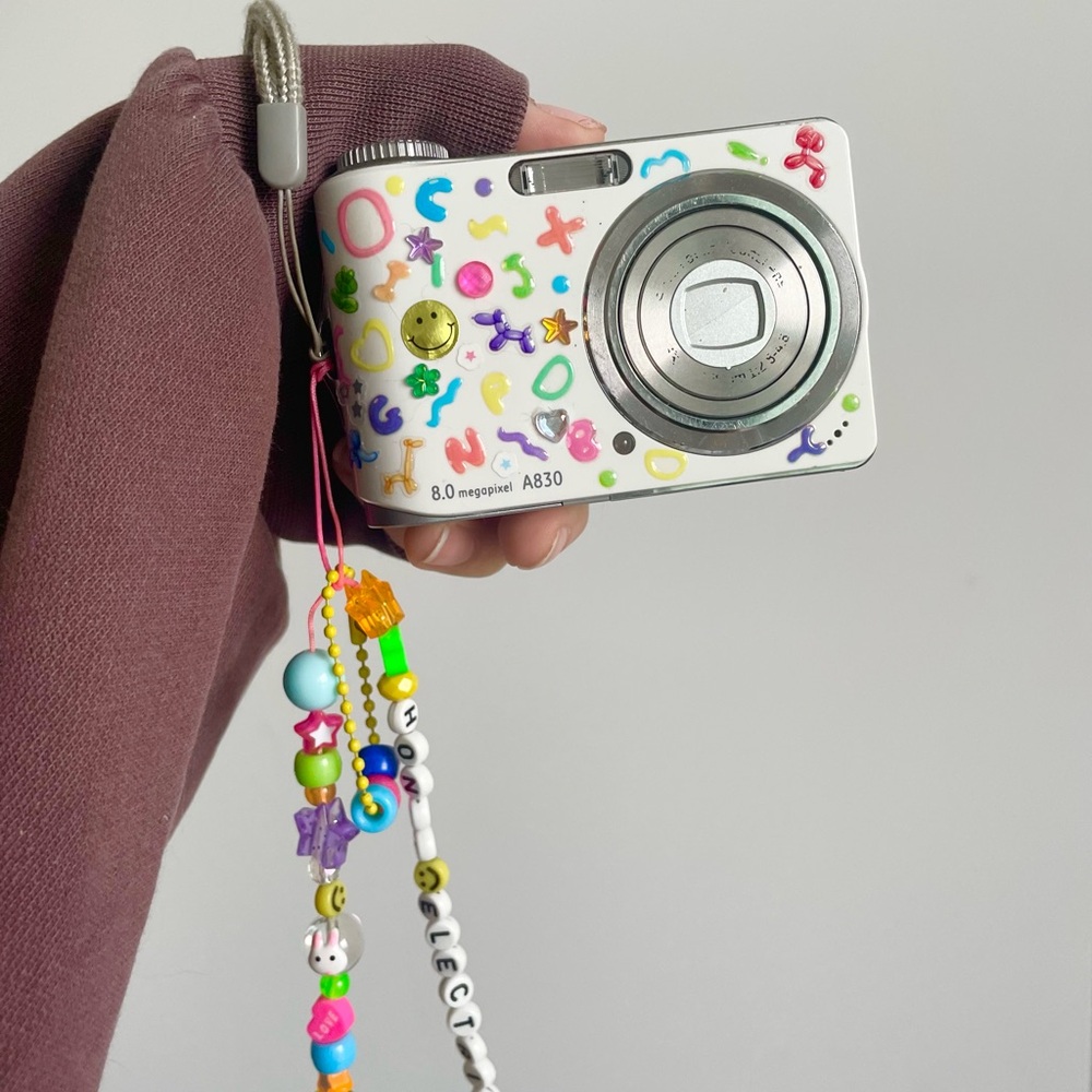 White digital camera digicam y2k vintage multicolour charm video